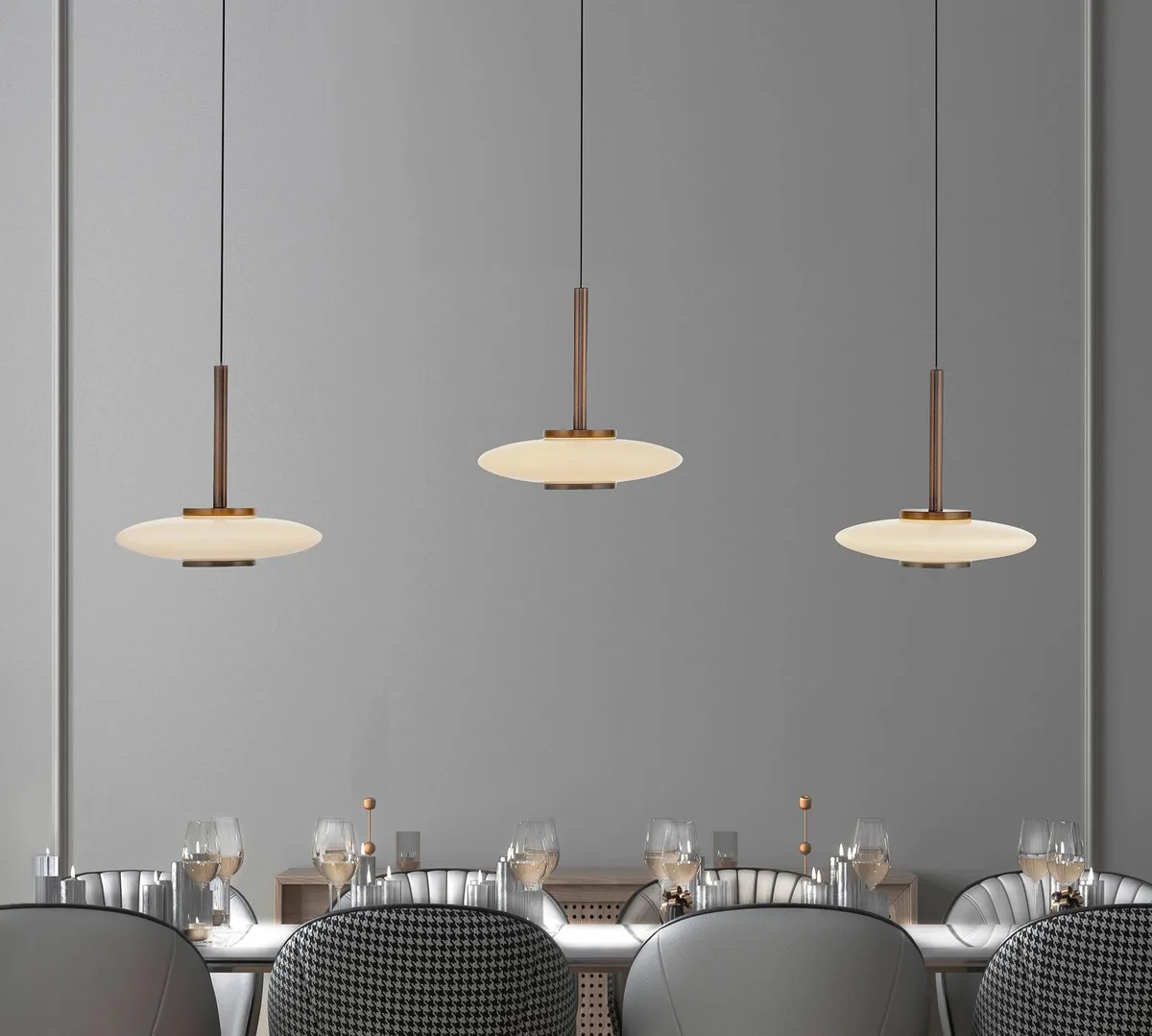 LED hanglamp PURE Vitrum, bruin/opaal glas/aluminium, 3-lamps de Paul Neuhaus en Marron, Opaal – photo produit