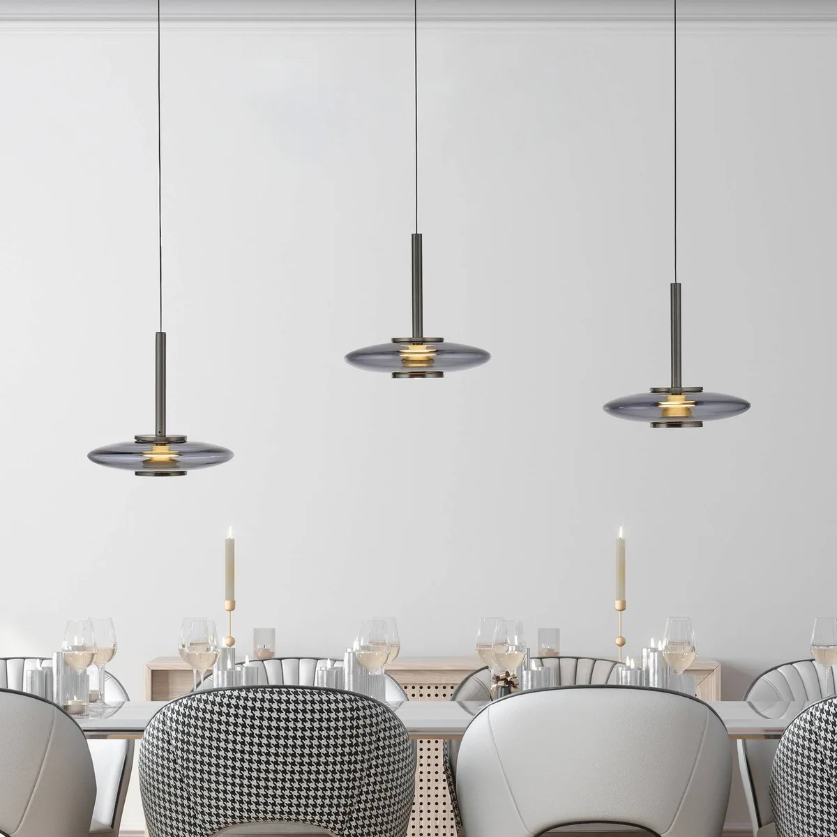 LED hanglamp PURE Vitrum, grijs, glas/aluminium, 3-lamps de Paul Neuhaus en Gris, Rokerig grijs-transparant – photo produit