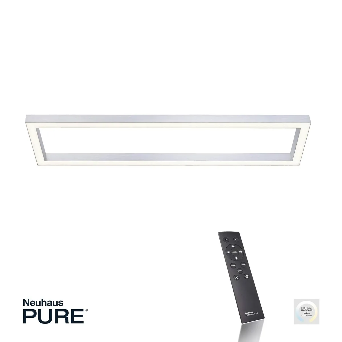 LED plafondlamp PURE Lines, 110 x 30 cm, zilver, CCT, afstandsbediening från Paul Neuhaus i Silver, Vit – produktbild