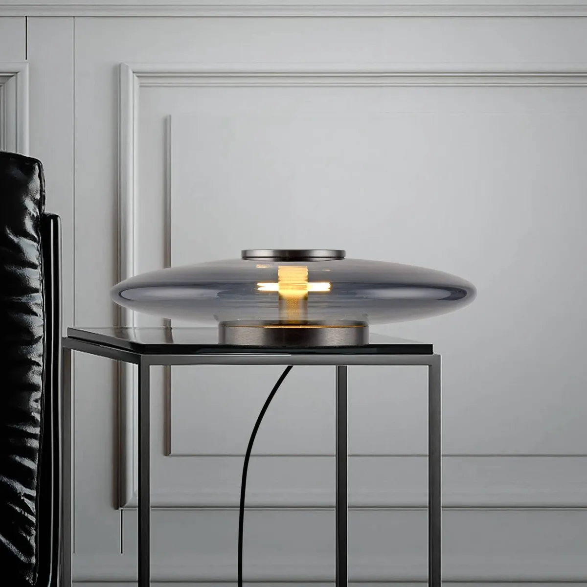 LED tafellamp PURE Vitrum, grijs, glas/aluminium, touchdimmer de Paul Neuhaus en Gris, Rokerig grijs-transparant – photo produit