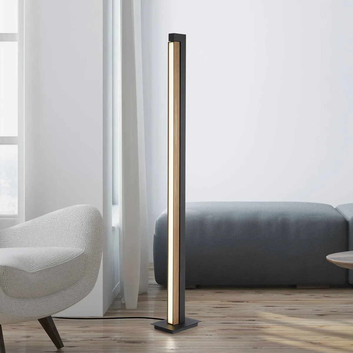 LED vloerlamp PURE Lines, zwart, hout, afstandsbediening, 140 cm von Paul Neuhaus in Eiken, Schwarz – Produktfoto