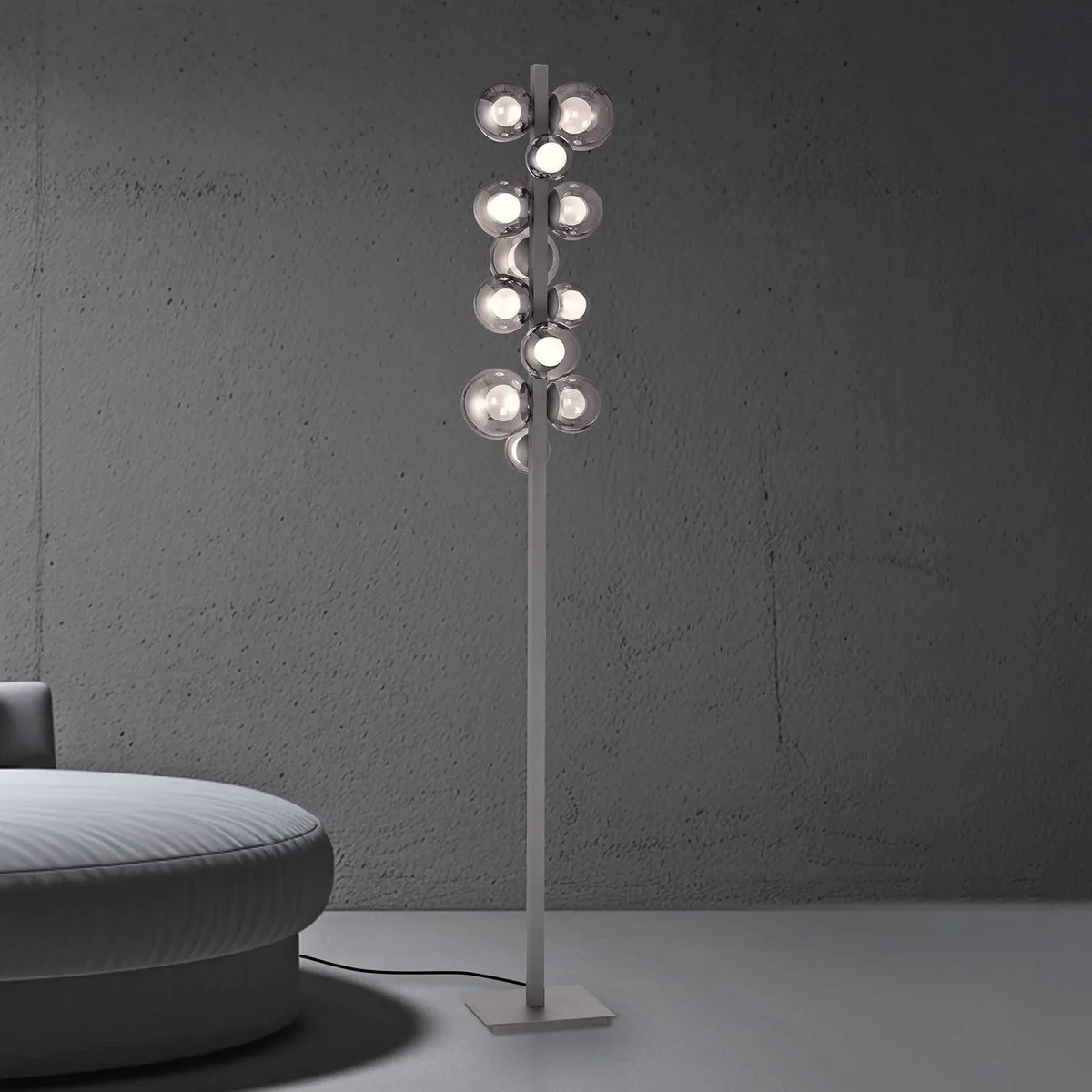 LED vloerlamp PURE Popup, grijs aluminium/glas, dimmer, 12-lamps van Paul Neuhaus in Grijs, Rokerig grijs-transparant – productfoto