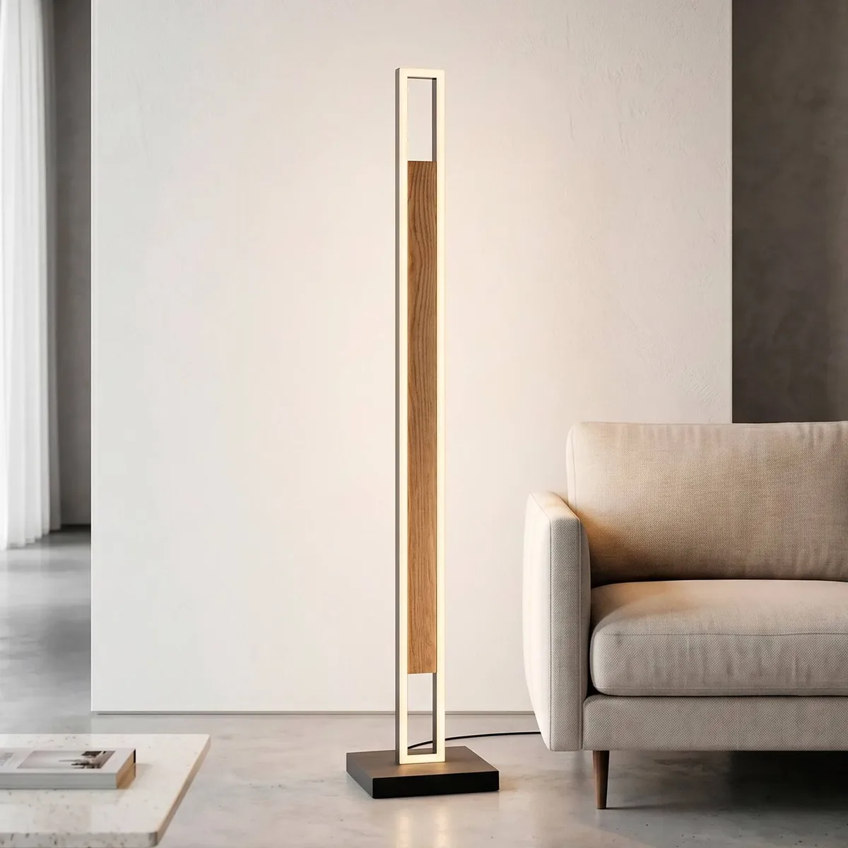 LED vloerlamp Sveja, zwart/houtkleur, hoogte 140 cm, CCT fra Paul Neuhaus i Eikenhout, Matzwart – produktbillede