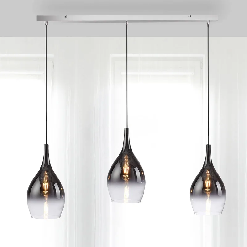 Pilua hanglamp, rook, glas, 100 cm, 3-lamps. de Paul Neuhaus en Rookgrijs, Chrome – photo produit