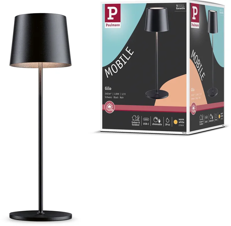 Lampe rechargeable Gilo IP44 dimmable 2700K de Paulmann en Zwart mat – photo produit
