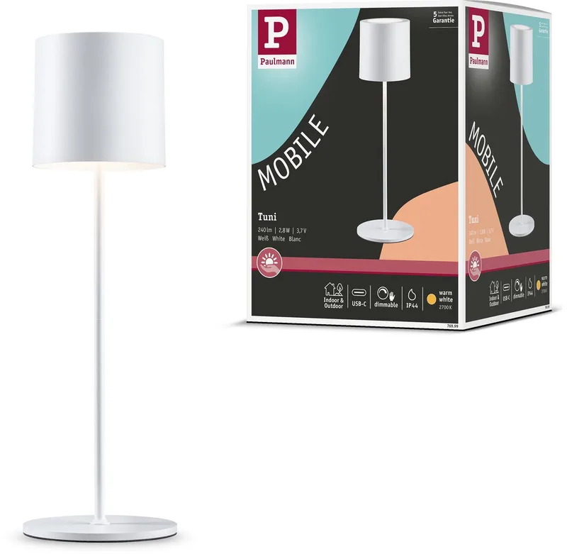 Lampe rechargeable Tuni IP44 dimmable 2700K de Paulmann en Wit mat – photo produit