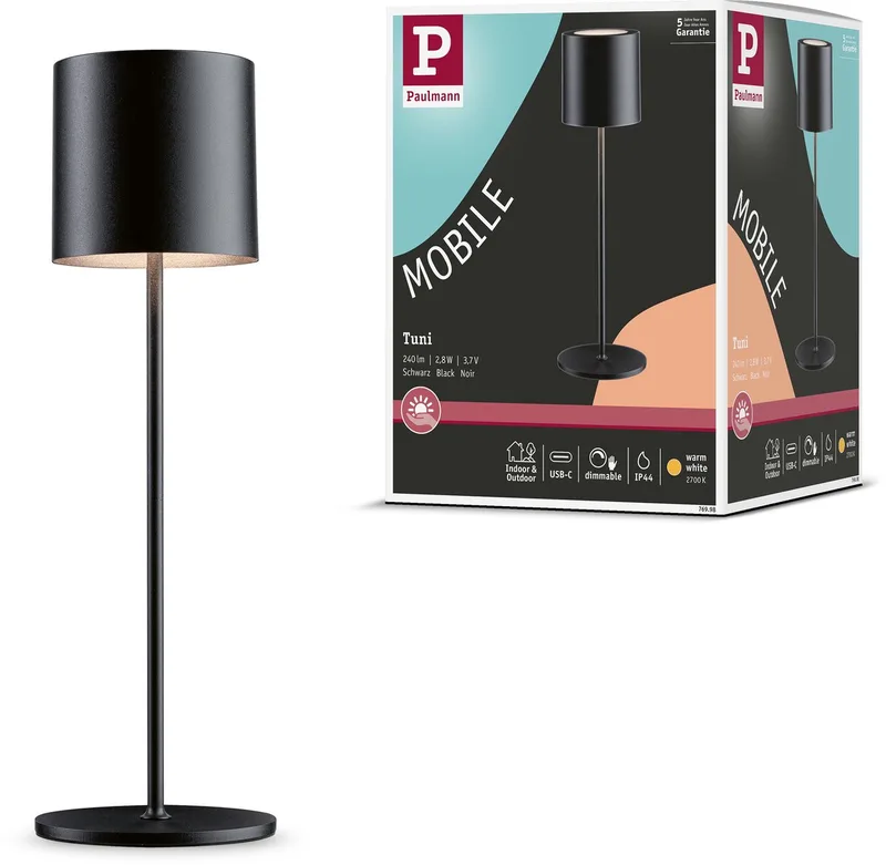 Genopladelig lampe Tuni IP44 dæmpbar 2700K fra Paulmann i Zwart mat – produktbillede