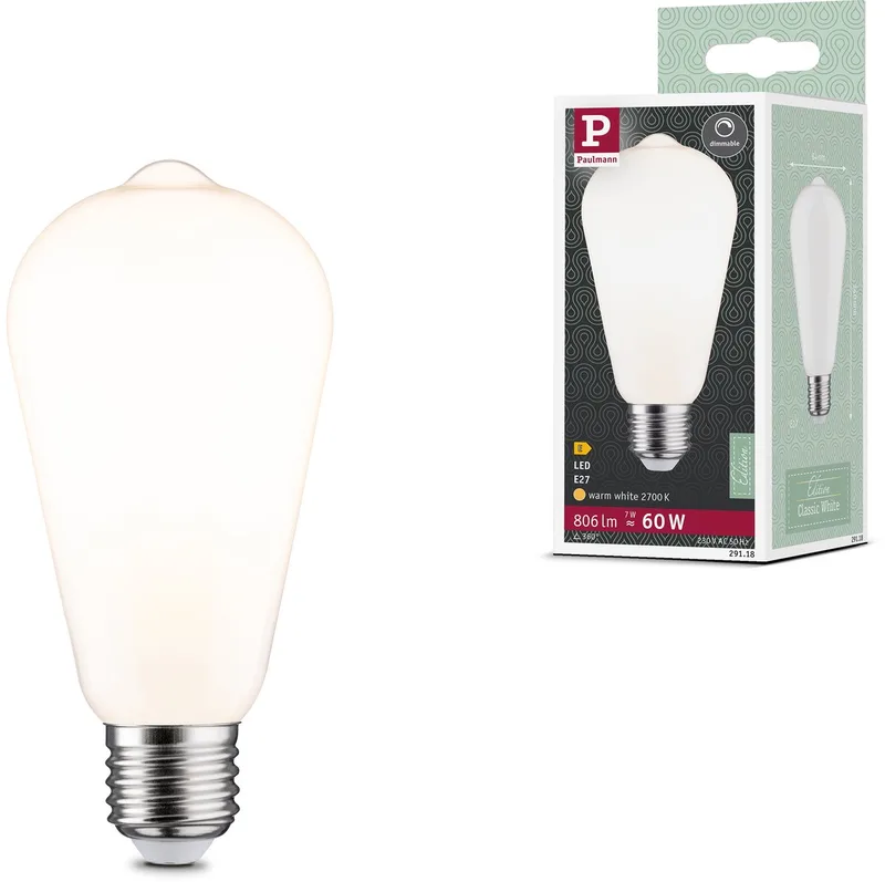 Classic White LED-kolf ST64 E27 806lm 7W 2700K dimbaar Opaal de Paulmann – photo produit