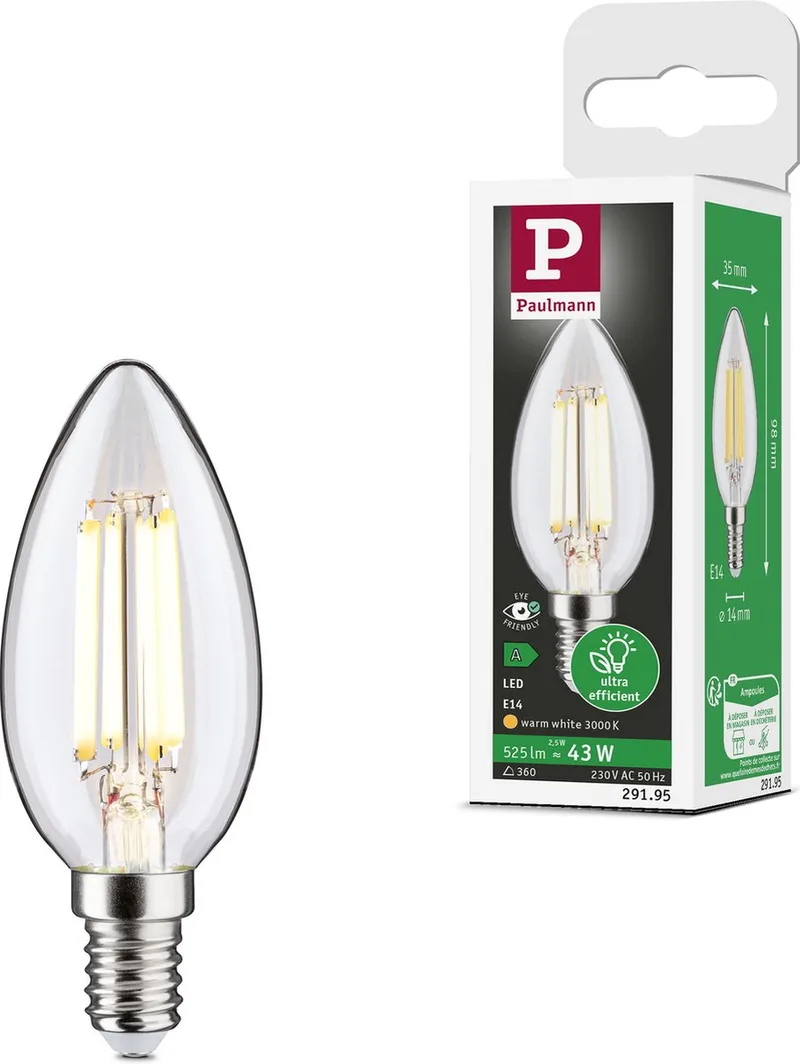 Eco-Line Filament 230 V LED kaars E14 525lm 2,5W 3000K Helder von Paulmann – Produktfoto