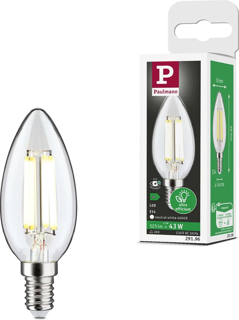 Eco-Line Filament 230 V LED kaars E14 525lm 2,5W 4000K Helder de Paulmann – photo produit