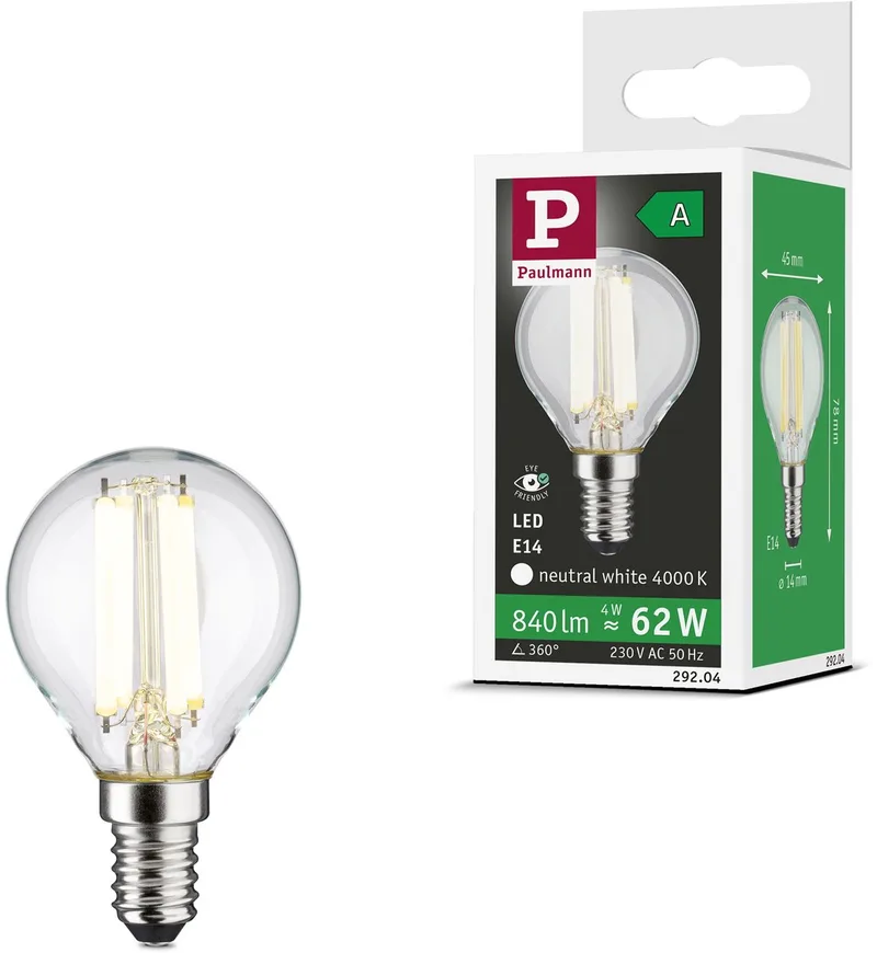 Eco-Line Filament 230 V LED-kogellamp E14 78 mm 840lm 4W 4000K Helder de Paulmann – photo produit