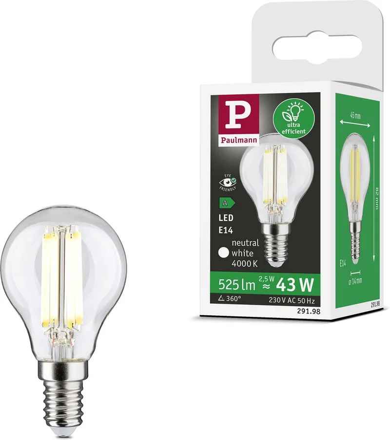 Paulmann 29198 LED CEE A (A - G) E14 forme de goutte 2.5 W blanc neutre (Ø x H) 45 mm x 82 mm 1 pc(s) de Paulmann – photo produit