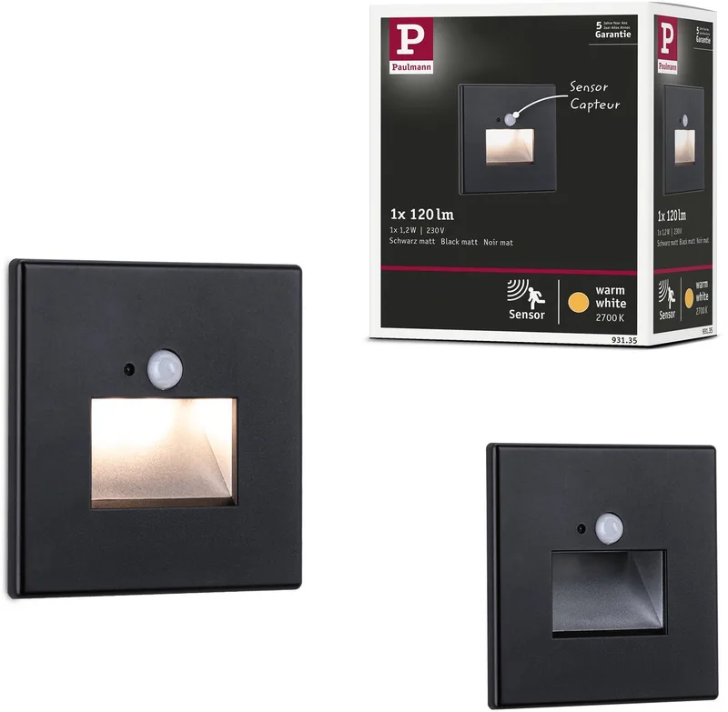 Edge LED Wandinbouwlamp – 2700K Warmwit – 1,2W – 25 lm – 230V – Wand- & Trapverlichting met LED Bewegingssensor de Paulmann en Zwart mat – photo produit