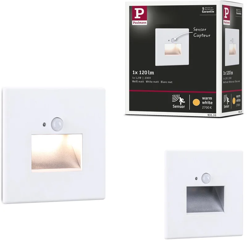 Edge LED væginstallationslampe, 2700K varmhvid, 1,2W, 25 lm, 230V, væg og trappebelysning med LED bevægelsessensor fra Paulmann i Wit mat – produktbillede