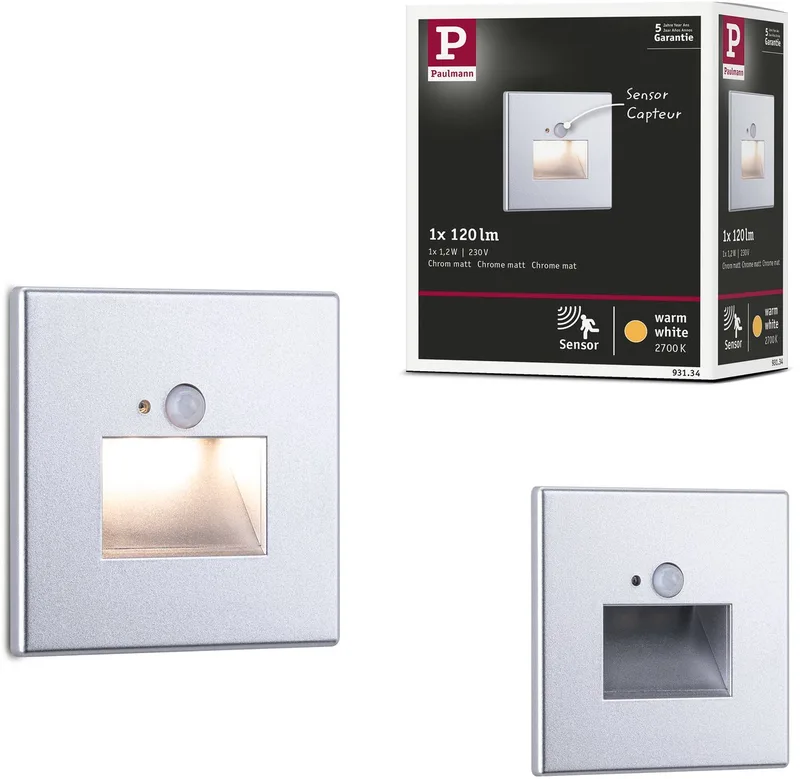 Edge LED Wandinbouwlamp – 2700K Warmwit – 1,2W – 25 lm – 230V – Wand- & Trapverlichting met LED Bewegingssensor by Paulmann in Chroom mat – product photo