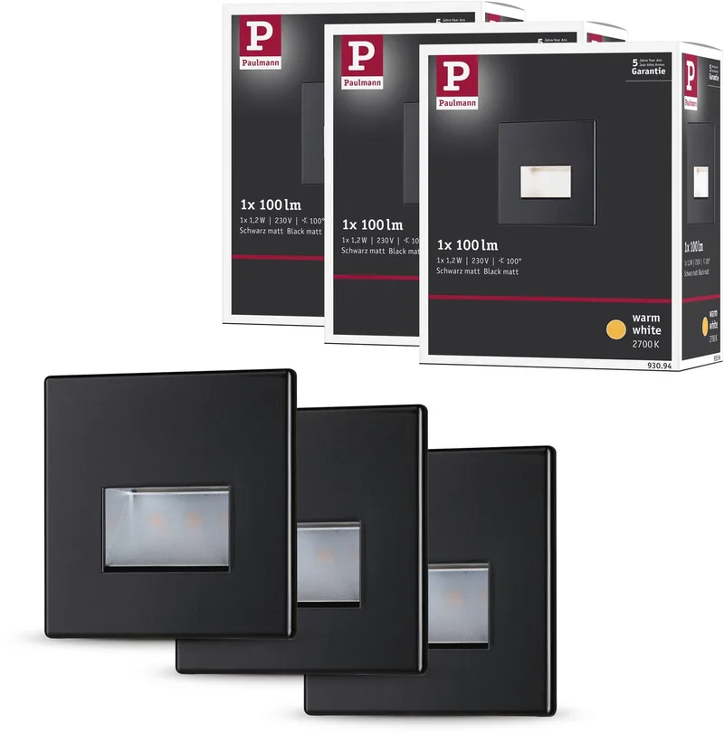 Edge LED Wandinbouwlampen Set van 3 – 2700K Warmwit – 1,2W – 3×50 lm – 230V – Wand- & Trapverlichting fra Paulmann i Zwart mat – produktbillede