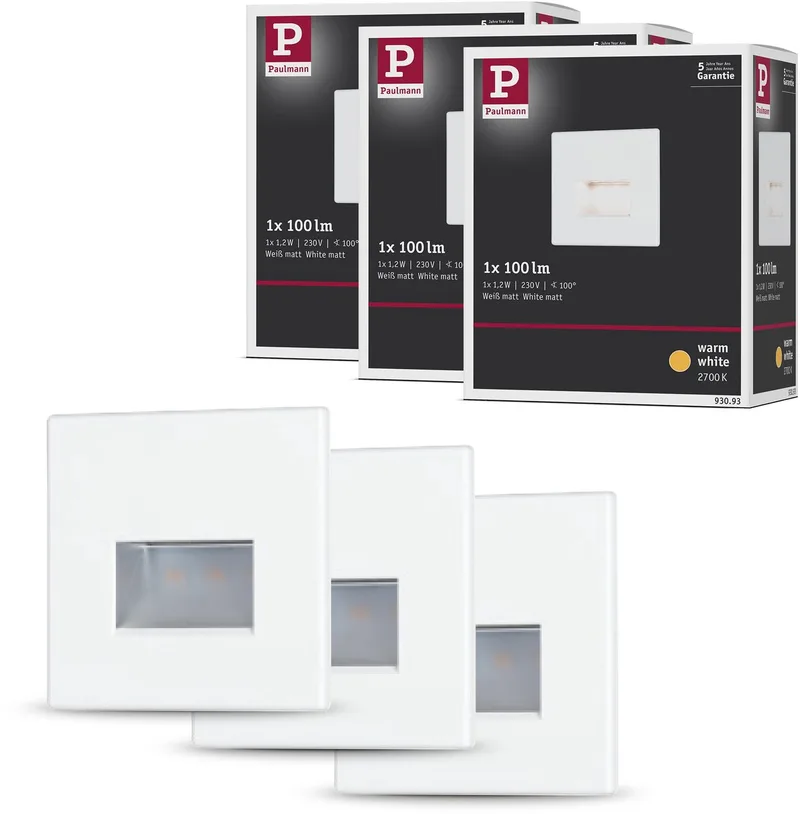 Edge LED Wandinbouwlampen Set van 3 – 2700K Warmwit – 1,2W – 3×50 lm – 230V – Wand- & Trapverlichting fra Paulmann i Wit mat – produktbillede