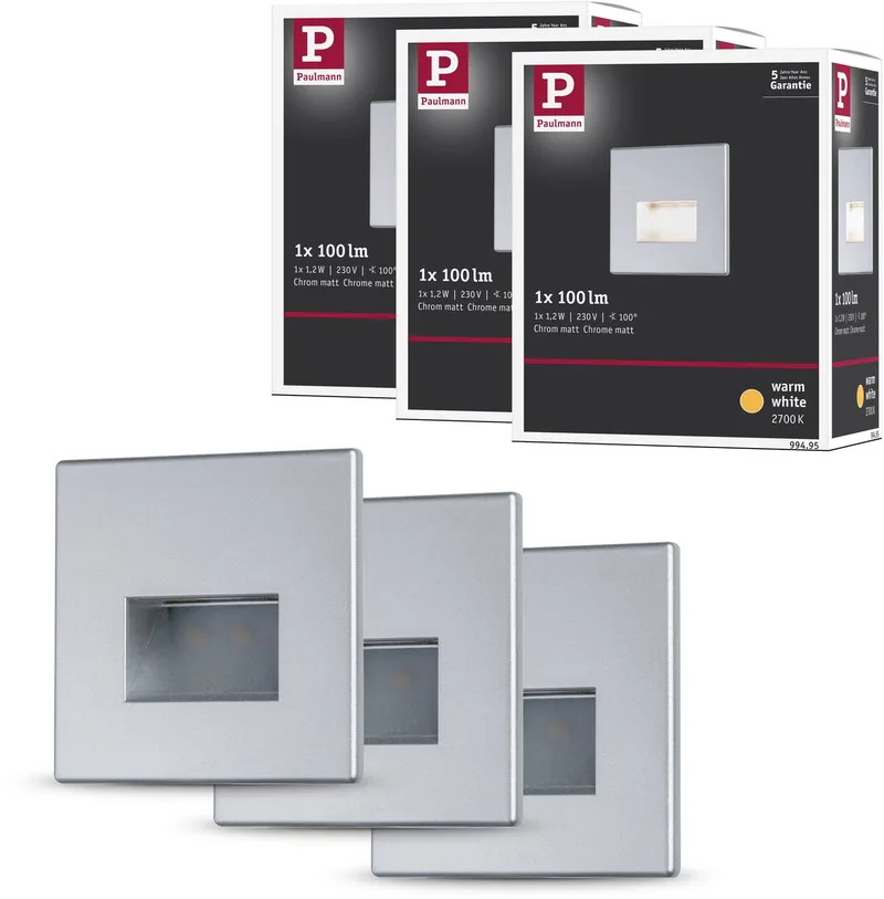 Edge LED Wandinbouwlampen Set van 3 – 2700K Warmwit – 1,2W – 3×50 lm – 230V – Wand- & Trapverlichting fra Paulmann i Chroom mat – produktbillede