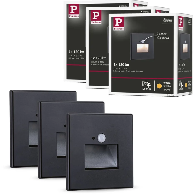 Edge Set van 3 LED Wandinbouwlampen - 2700K Warmwit - 1,2W - 3x25 lm - 230V - Wandverlichting & Trapverlichting LED Bewegingssensor van Paulmann in Zwart mat – productfoto