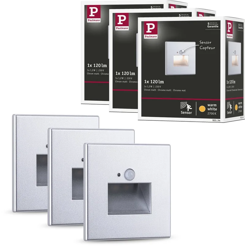 Edge Set van 3 LED Wandinbouwlampen - 2700K Warmwit - 1,2W - 3x25 lm - 230V - Wandverlichting & Trapverlichting LED Bewegingssensor by Paulmann in Chroom mat – product photo