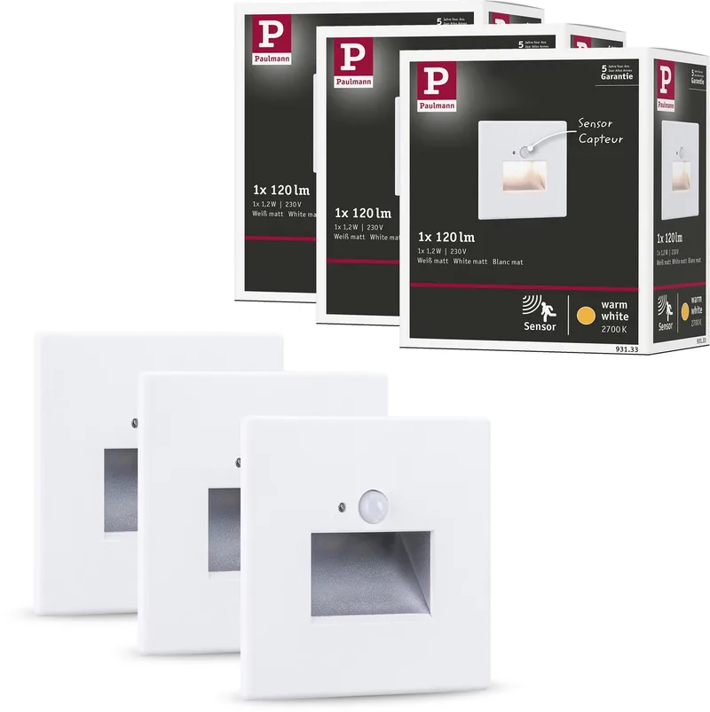 Edge Set van 3 LED Wandinbouwlampen - 2700K Warmwit - 1,2W - 3x25 lm - 230V - Wandverlichting & Trapverlichting LED Bewegingssensor by Paulmann in Wit mat – product photo