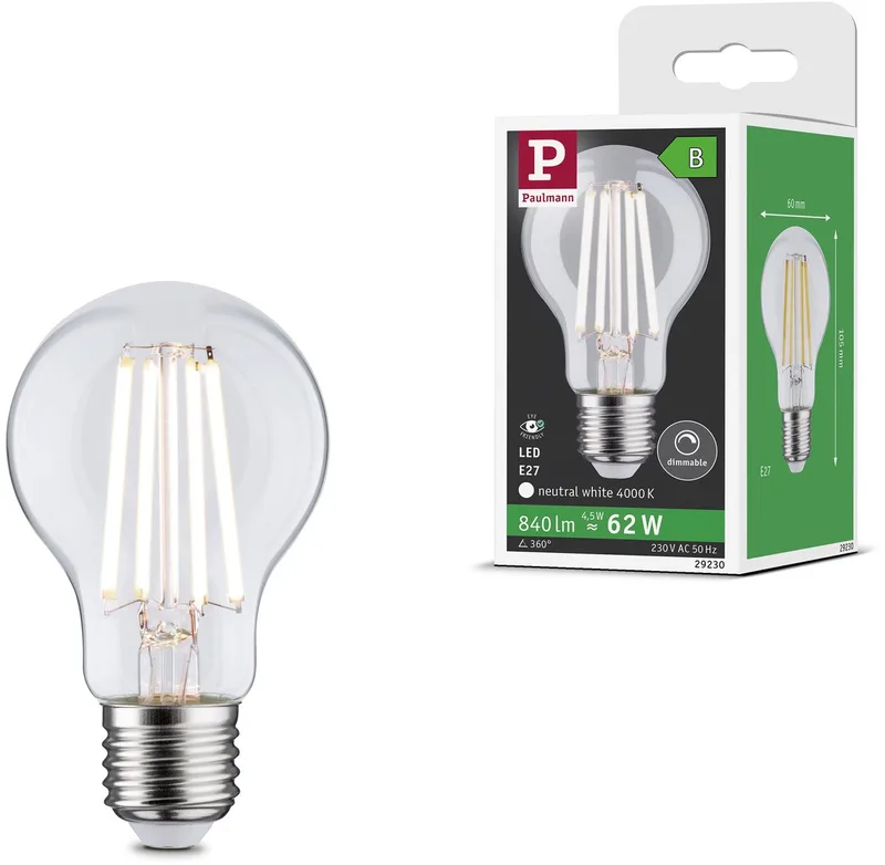 Efficient-Line Filament 230 V LED-gloeilamp E27 Enkele lamp 840lm 4,5W 4000K dimbaar Helder fra Paulmann – produktbillede