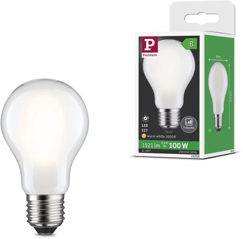 Efficient-Line Filament 230 V LED-gloeilamp E27 Enkele lamp 1521lm 8,2W 3000K dimbaar Mat van Paulmann – productfoto