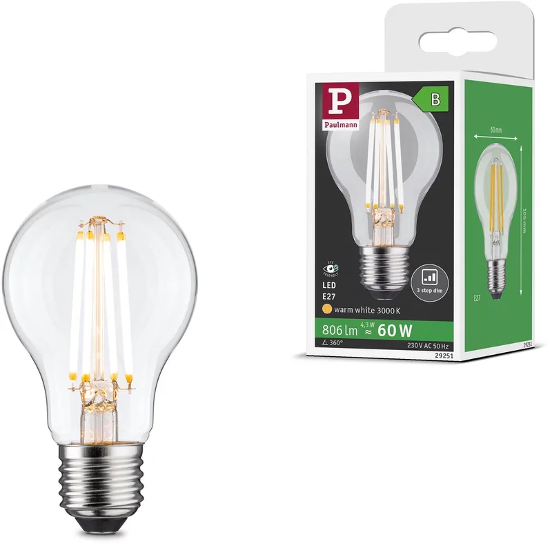 Paulmann 29251 LED CEE B (A - G) E27 forme de poire 4.3 W blanc chaud (Ø x H) 60 mm x 105 mm 1 pc(s) de Paulmann – photo produit