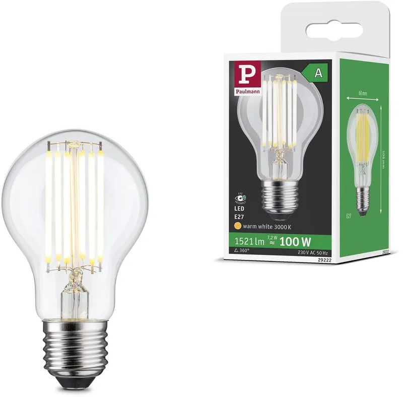 Paulmann 29222 LED EEK A (A - G) E27 Kolbenform 7.2 W Warmweiß (Ø x H) 60 mm x 106 mm Filament 1 St. von Paulmann – Produktfoto
