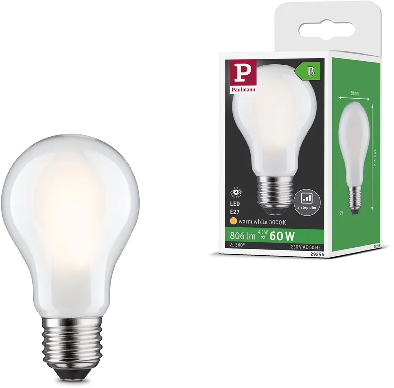 Efficient-Line Filament 230 V LED-gloeilamp E27 Enkele lamp 806lm 4,3W 3000K dimbaar Mat fra Paulmann – produktbillede