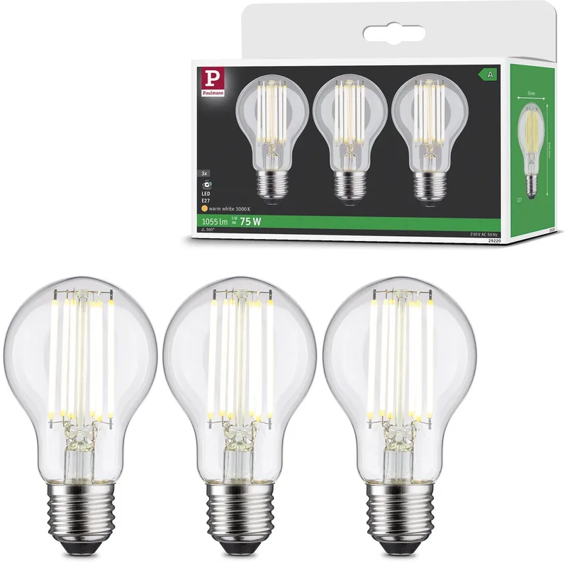Efficient-Line Filament 230 V LED-gloeilamp E27 Set van 3 1055lm 5W 3000K Helder de Paulmann – photo produit