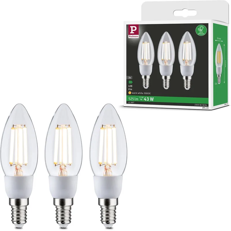 Efficient-Line Filament 230 V LED kaars E14 3x525lm 3x2,5W 3000K Helder från Paulmann – produktbild