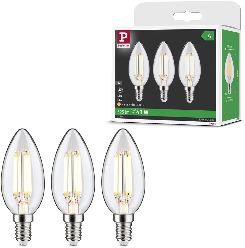 Efficient-Line Filament 230 V LED kaars E14 525lm 2,5W 3000K Helder de Paulmann – photo produit