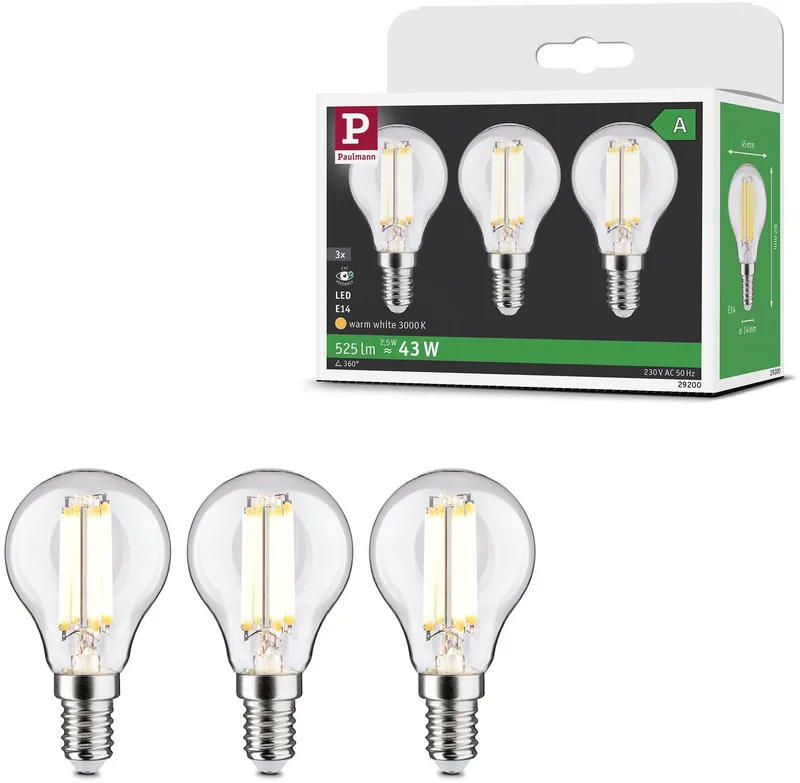 Efficient-Line Filament 230 V LED-kogellamp E14 Set van 3 82 mm 525lm 2,5W 3000K Helder fra Paulmann – produktbillede
