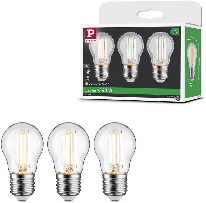 Efficient-Line Filament 230 V LED-kogellamp Set van 3 80 mm 525lm 2,5W 3000K Helder by Paulmann – product photo