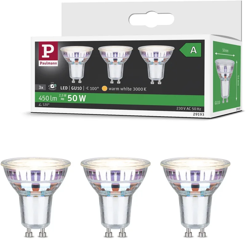 Paulmann 29193 LED-lamp EEK A (A - G) GU10 Reflektor 2.5 W Varmvit (Ø x H) 50 mm x 54 mm 3 st från Paulmann – produktbild