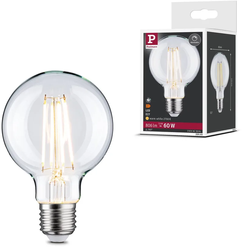 Filament 230 V LED Globe G80 E27 806lm 7,5W 2700K dimbaar Helder fra Paulmann – produktbillede