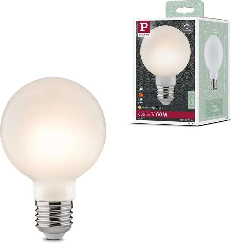 Filament 230 V LED Globe G80 E27 806lm 7,5W 2700K dimbaar Opaal de Paulmann – photo produit