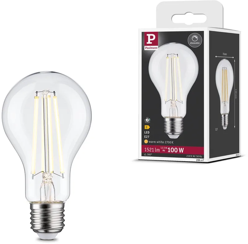 Filament 230 V LED-gloeilamp E27 1521lm 12,5W 2700K dimbaar Helder fra Paulmann – produktbillede