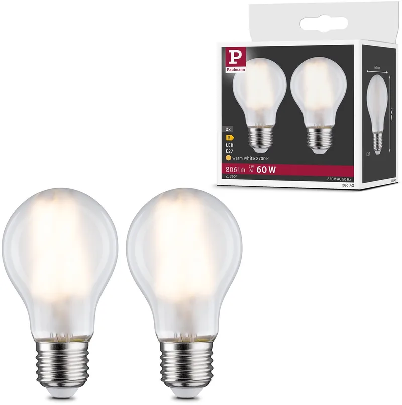Filament 230 V LED-gloeilamp E27 2x806lm 2x7W 2700K Mat de Paulmann – photo produit