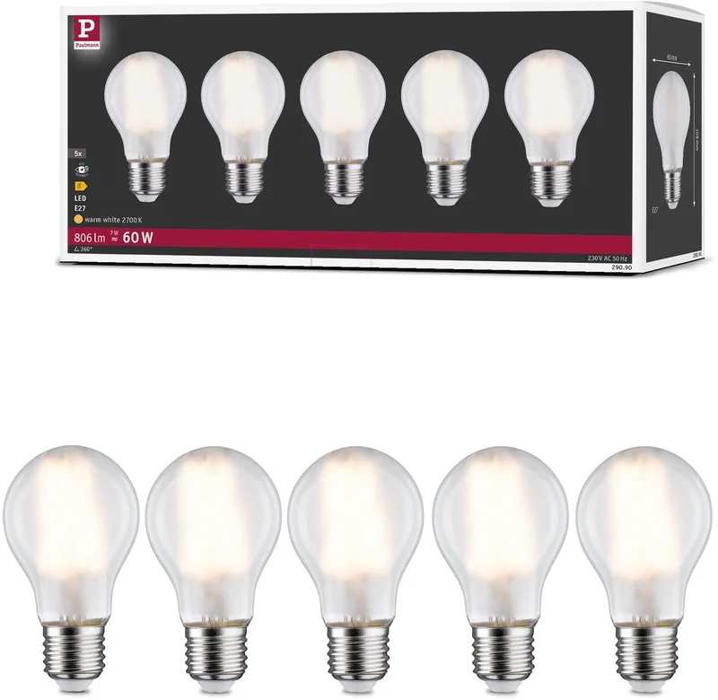 Filament 230 V LED-gloeilamp E27 5x806lm 5x7W 2700K Mat de Paulmann – photo produit