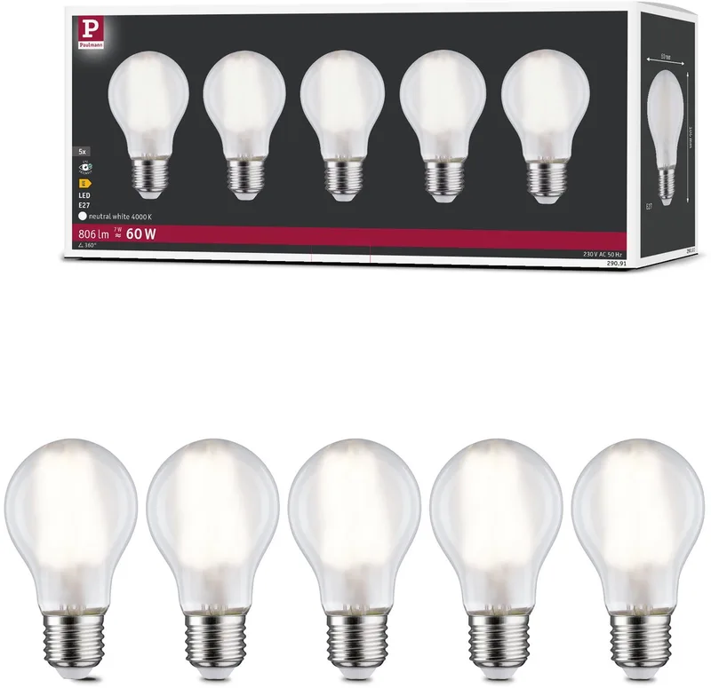Filament 230 V LED-gloeilamp E27 5x806lm 5x7W 4000K Mat von Paulmann – Produktfoto