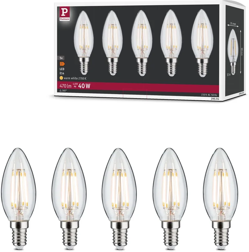 Filament 230 V LED kaars E14 5x470lm 5x4,8W 2700K Helder fra Paulmann – produktbillede