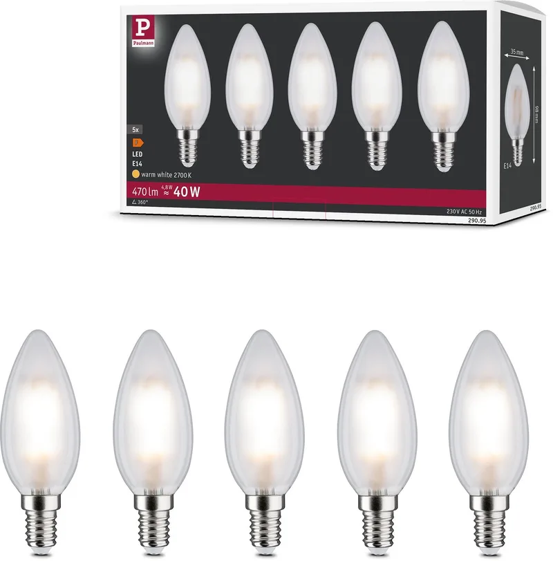 Filament 230 V LED kaars E14 5x470lm 5x4,8W 2700K Mat de Paulmann – photo produit