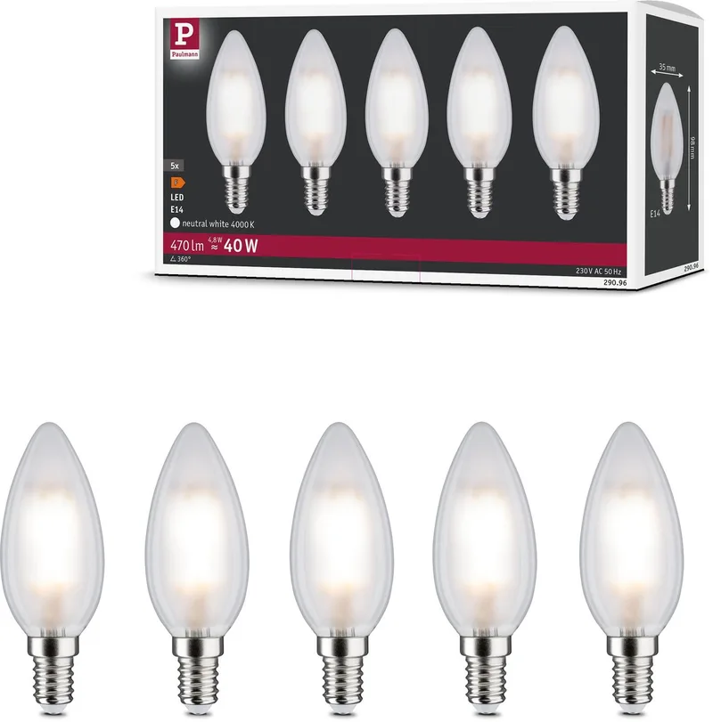 Filament 230 V LED kaars E14 5x470lm 5x4,8W 4000K Mat de Paulmann – photo produit