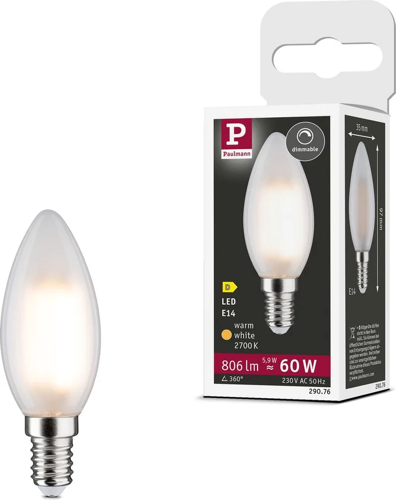 Filament 230 V LED kaars E14 806lm 5,9W 2700K dimbaar Mat de Paulmann – photo produit