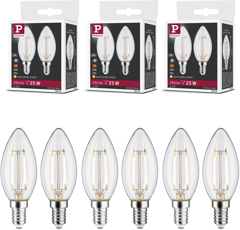 Filament 230 V LED kaars E14 E14 Set van 6 E14 35 mm 2700K 6x2,7W 6x250lm 230V Helder by Paulmann – product photo