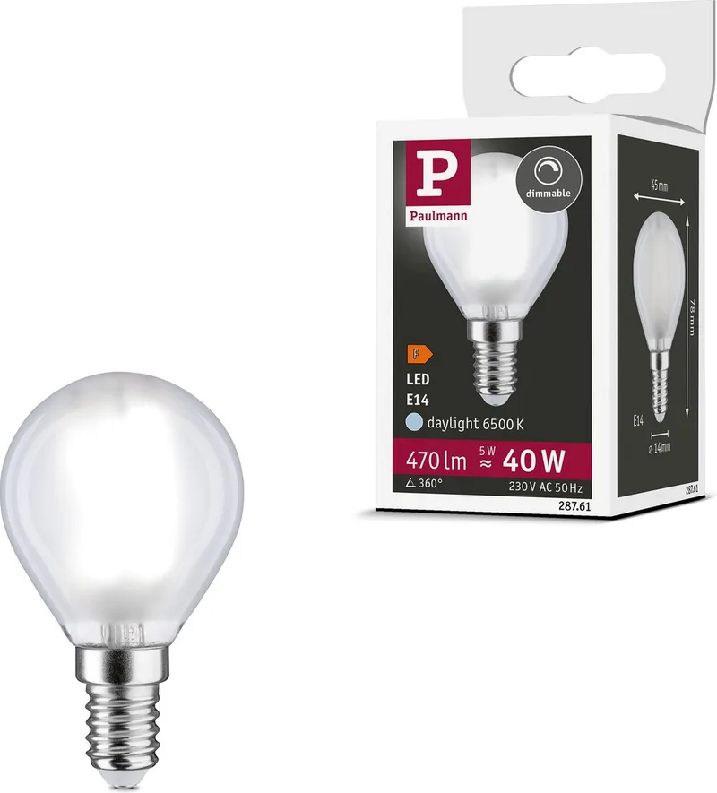 Filament 230 V LED-kogellamp E14 470lm 5W 6500K dimbaar Mat de Paulmann – photo produit