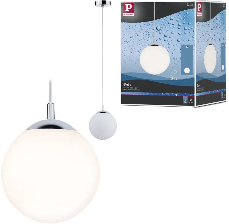 hængelampe Globe, hvid satineret/krom Ø 20 cm IP44 fra Paulmann i Satijn, Krom – produktbillede