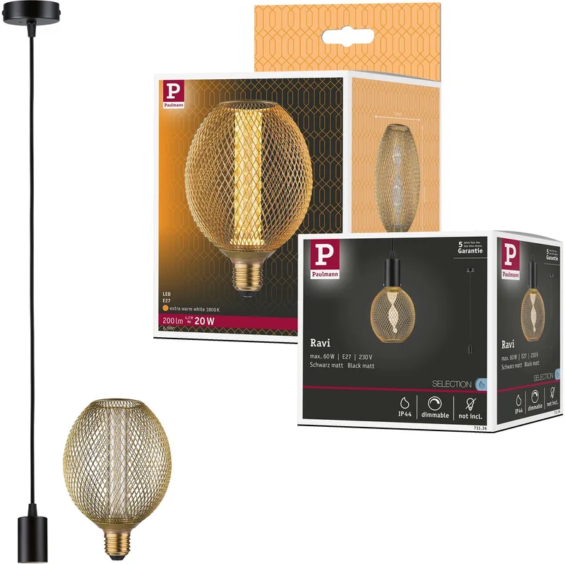 Hanglamp Ravi IP44 E27 1800K 200lm 4,2W van Paulmann in Zwart mat – productfoto